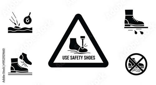 Safety shoe icons depicting warnings and required protective footwear