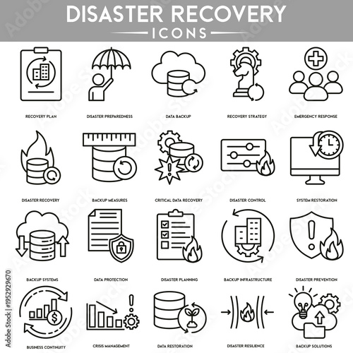 Disaster recovery icon set with emergency, backup, and data protection symbols. Perfect for IT security, risk management, and business continuity concepts.