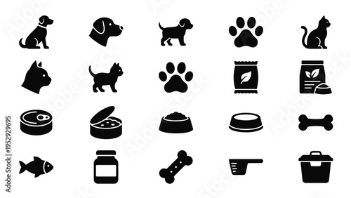 Pet food and care icon set with dog, cat, paw, organic food, bowl, bone, and supplies in silhouette style.