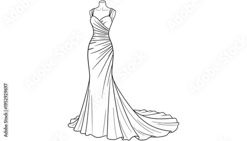 A beautiful wedding dress illustration on a mannequin in a elegant pose