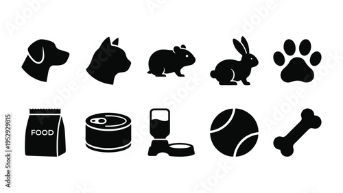 Pet silhouette icon set with dog, cat, rabbit, paw, food, bowl, bone, and accessories in minimal clean style.