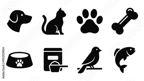 Simple pet silhouette icon set with dog, cat, bird, fish, paw, bone, and food elements in minimal style.