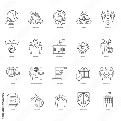 Modern diplomacy icons with handshake, flags, and partnership concepts in clean line style. Ideal for business and international relations design.