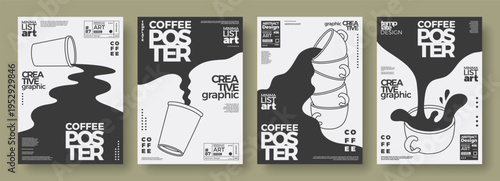 Coffee concept design. Outline posters set of coffee cups and paper cups. Abstract templates with spilling, flowing coffee. Modern minimal illustrations for wall art, cafe menu, decoration, coffeeshop