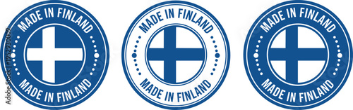 Made in Finland Round Badge Icon Set with Finnish Flag Cross Symbol, Country Origin Label for Product Packaging, Export Branding, Manufacturing Mark, and Quality Certification Design