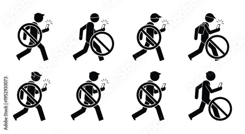 Stick figures depict people walking with and without using mobile phones