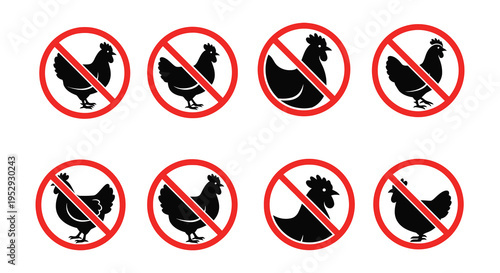 Prohibition signs depicting chickens no poultry allowed in the area