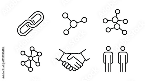 abstract networking icon collection, connection and collaboration symbols, linked nodes and communication design elements, teamwork partnership and digital interaction concepts, modern minimal vector