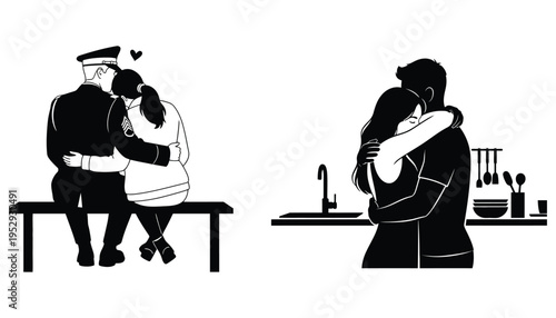 Couple vector illustration of romantic love with silhouette and icon style