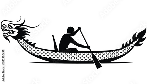 A dragon boat silhouette illustration with a paddler in traditional design