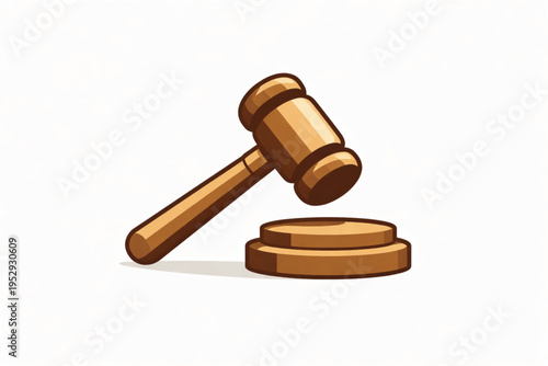 Wooden Gavel Hitting Block on White Background