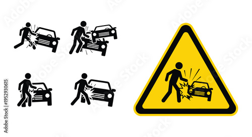 Warning sign depicting people narrowly avoiding collisions with cars