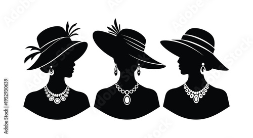 Three elegant female silhouettes wearing stylish hats and jewelry