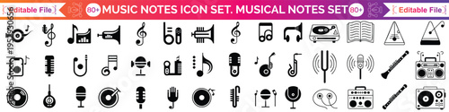 Music notes icon set. Set of musical notes. Black musical note icons. Music elements. Isolated music notes symbols on white background. Simple musical notes signs. Vector illustration,.