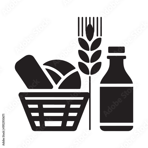 Black and white illustration of bread wheat and a bottle