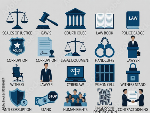 Law Enforcement Icons Set with Justice Symbols and Legal Documents
