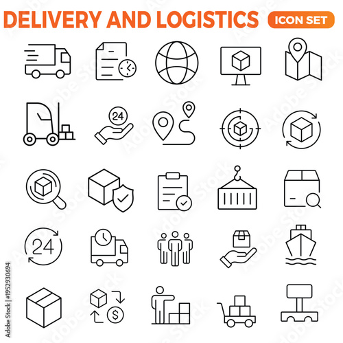 Delivery logistics icon set featuring order tracking, shipping, courier, and package delivery symbols. Clean line style for e-commerce and transport concepts.