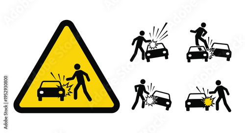 Warning sign depicting people narrowly avoiding collisions with cars