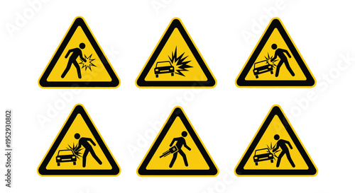 Warning sign depicting people narrowly avoiding collisions with cars