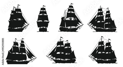 Silhouette of six sailing ships with varying angles and sails