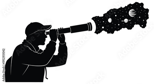 Silhouette of a man looking through a telescope at a celestial body silhouette