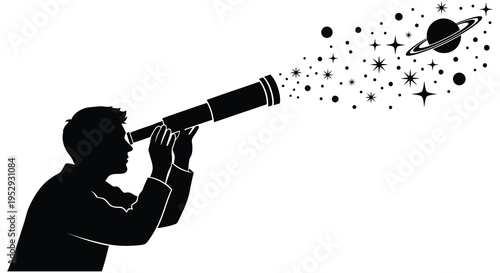 Silhouette of a man looking through a telescope at stars and planets in space