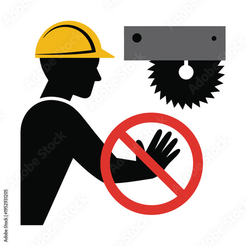 Construction worker with hard hat avoiding saw blade, vector artwork highlighting occupational safety, hazard prevention, and protective measures for industrial and construction safety campaigns.