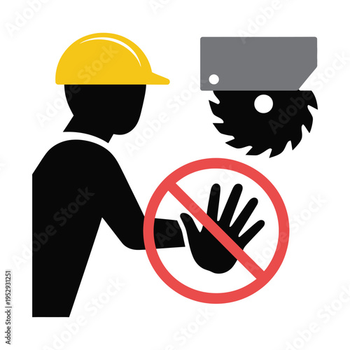 Construction worker vector illustration wearing a hard hat, actively avoiding a saw blade hazard, representing workplace safety, industrial caution, and personal protective equipment awareness.