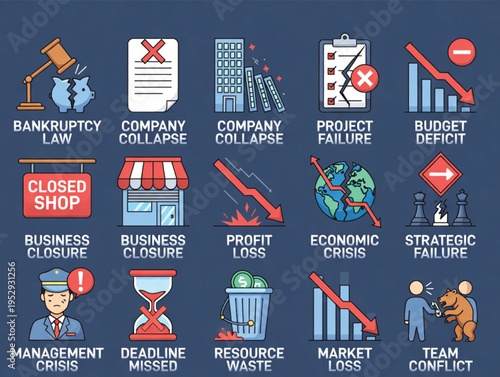 Business Failure Icons Set Including Bankruptcy Law, Company Collapse, Project Failure