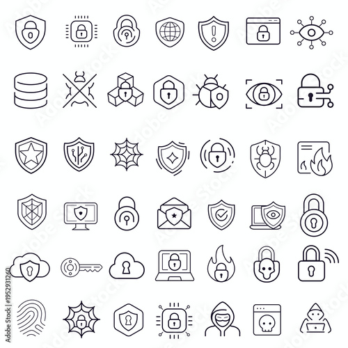 Cyber security icon collection with network protection, secure access, and data privacy symbols. Suitable for web, app, and software development projects,