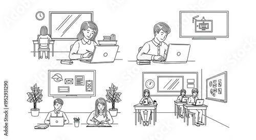 Students engaged in remote learning and studying in various settings