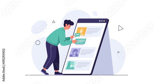 Man Interacting with Digital Profile List on Large Smartphone Screen