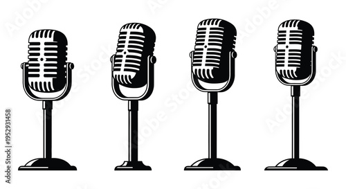 Four vintage microphone silhouettes in a row