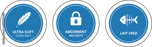 Ultra Soft Absorbent Lint Free Product Feature Badge Icon Set with Feather Lock and Fabric Symbols, Quality Label for Textile Packaging, Cleaning Materials, and Branding