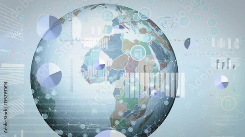 Globe rotating left on load in analytics hub, bars sliding around globe forming aggregated insights