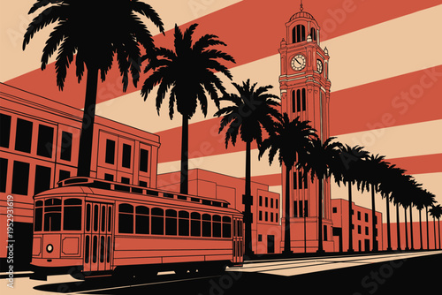 Wallpaper Mural Historic street illustration, stylized retro scene, orange trolley, tall clock tower, geometric palm trees, striped red-beige sky, simplified buildings, vintage Art Deco aesthetic Torontodigital.ca