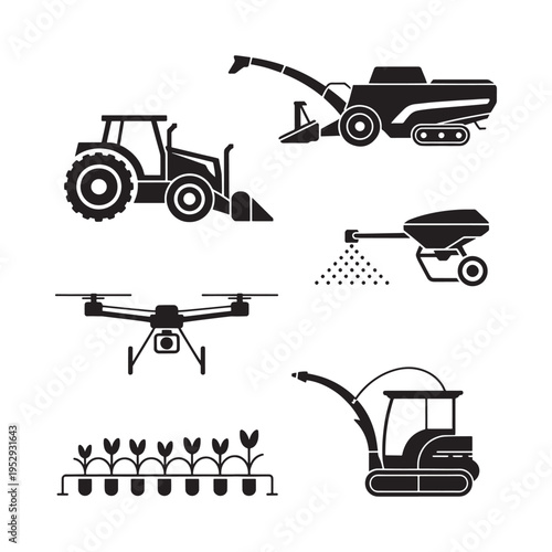 Wallpaper Mural Modern agricultural machinery and technology depicted in a black silhouette style Torontodigital.ca