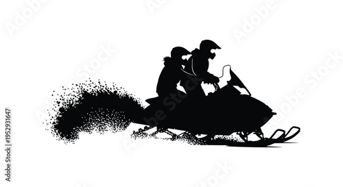 Silhouette of two people riding a horse drawn sleigh through a winter landscape
