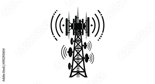 Silhouette of a cellular tower with radio waves emission silhouette