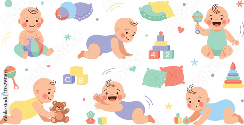 Cute Baby Crawling and Playing Collection with Newborn Infants Holding Toys Smiling and Enjoying Activities in Cartoon Vector Illustration Style.
