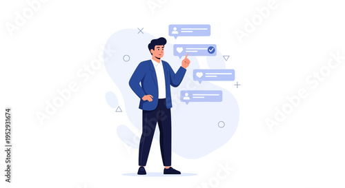 Man interacting with social media notifications, likes, and messages on a digital interface