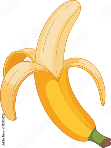 Peeled banana illustration, bright yellow fruit, partially peeled with floating peel, digital artwork, clean lines, minimalist white background, vertical composition