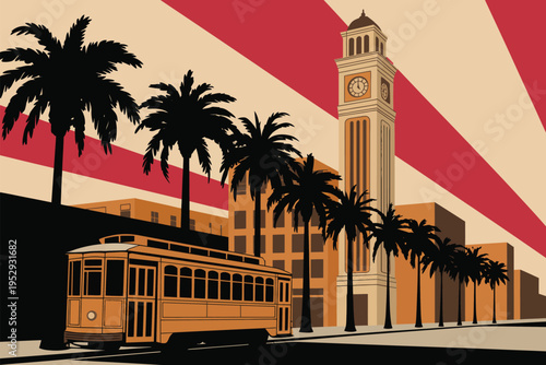 Wallpaper Mural Historic street illustration, retro 1920s-1930s style, Art Deco clock tower, vintage trolley car, palm silhouettes, warm orange and beige tones, bold graphic composition Torontodigital.ca