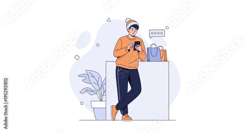 Man with smartphone and shopping bags, modern flat illustration