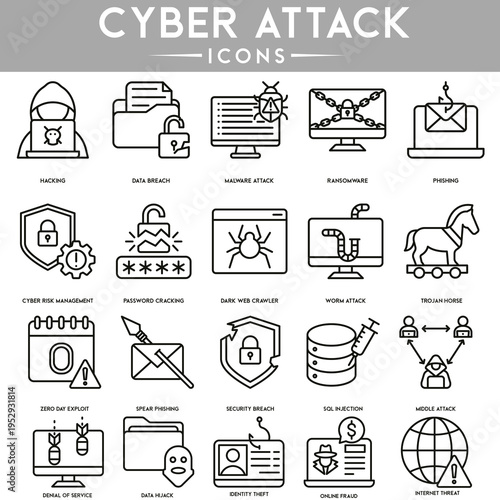 Cyber attack icon set featuring hacking, malware, phishing, and data breach symbols in clean line style. Perfect for cybersecurity and digital threat concepts.