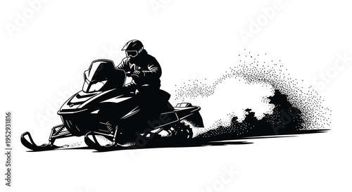 Silhouette of a person riding a snowmobile through a snowy landscape in a dramatic pose