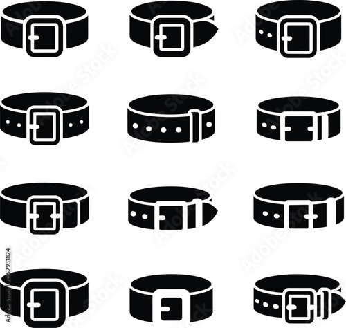 Belt icons, set of 12 black silhouettes, 3x4 grid, square buckle variations, different widths and textures, clean minimalist design, white background