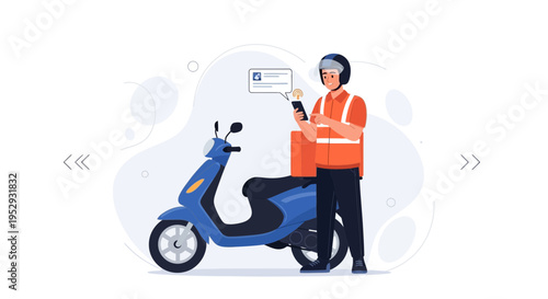 Delivery man with scooter and smartphone, receiving order notification