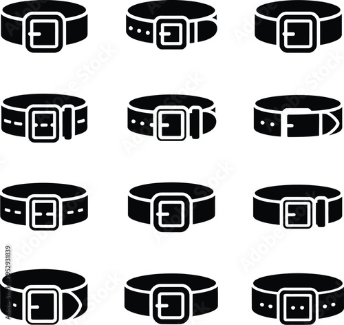 Belt icons, 12 black and white belt silhouettes, square buckles, varied designs, perforations, curved arrows, uniform grid, minimalist icon-style layout