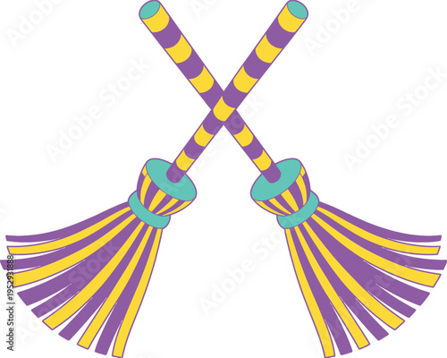 Crossed broomsticks illustration, digital cartoon, purple and yellow striped broomsticks, turquoise knobs, fan-shaped bristles, symmetrical X composition, whimsical playful design, white background